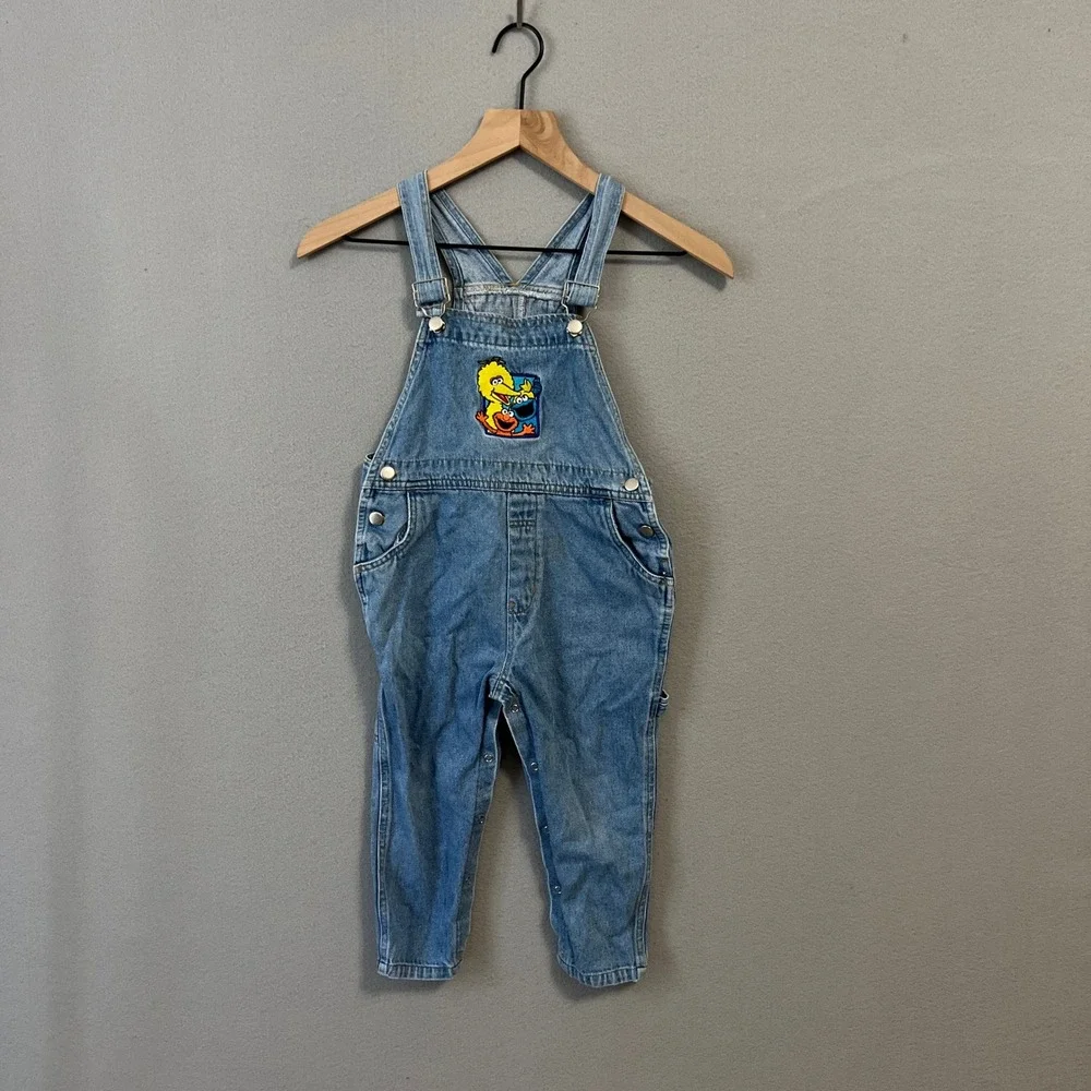 Vintage Sesame Street Overalls Kids 5T Blue Denim Muppets Big Bird Elmo Cookie